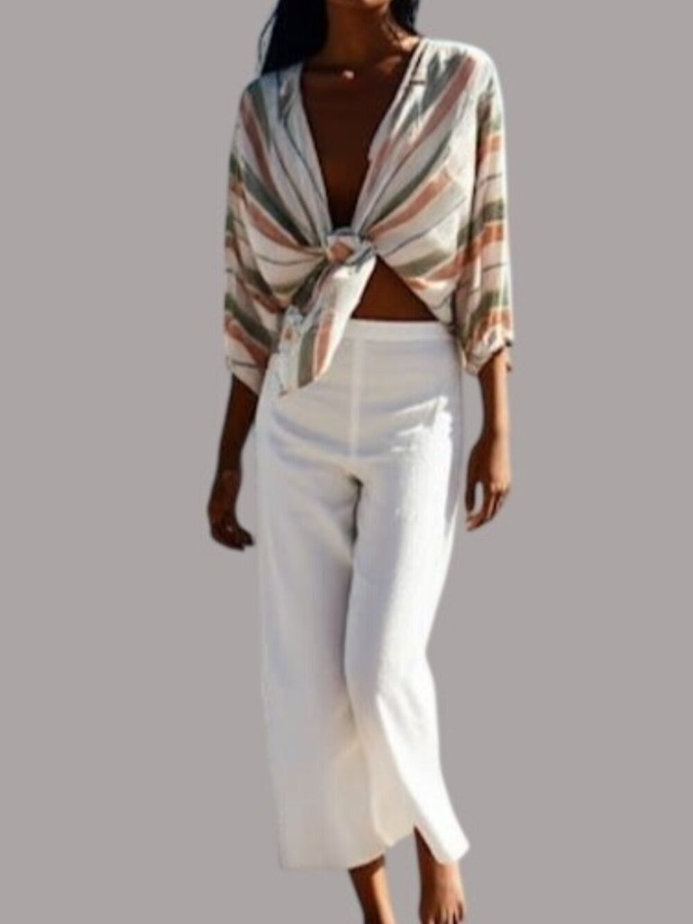 Zara Womens Striped Crop Top With V-Neck & Tie Front XS Linen Blend